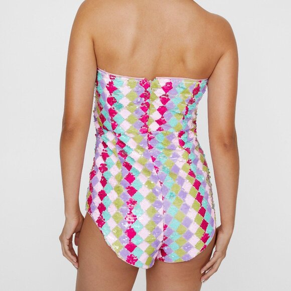 NWT Nasty Gal Multicolor Premium Diamond Sequin Bandeau Romper - Picture 2 of 2